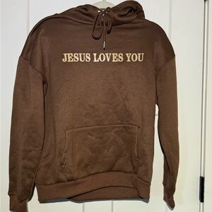 Brown Hoodie with 'Jesus Loves You' Print